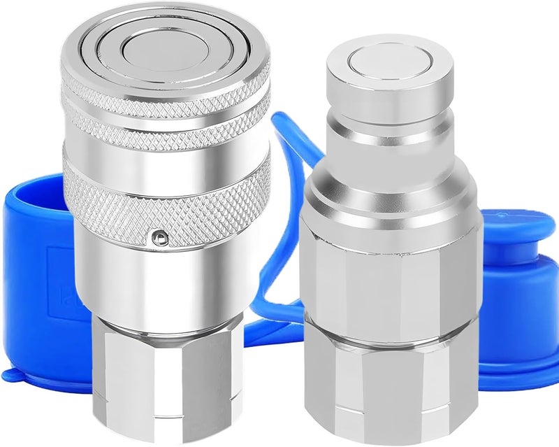 Cplbrb 3/8’’ NPT Flat Face Hydraulic Quick Connect Couplers/Couplings with Dust Caps, The Universal Bobcat Flat Face Quick Connect Fittings with with 3/8’’ Body ISO 16028 Standard - Image 1